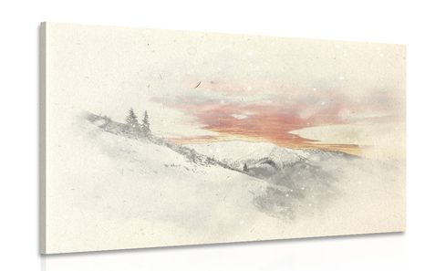 WANDBILD SONNENUNTERGANG ÜBER VERSCHNEITEN BERGEN - WANDBILD IMITATION VON ÖLGEMÄLDE - BILDER