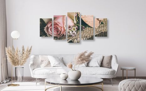 5-DÍLNÝ OBRAZ RŮŽE V JUTĚ - VINTAGE A RETRO OBRAZY - OBRAZY