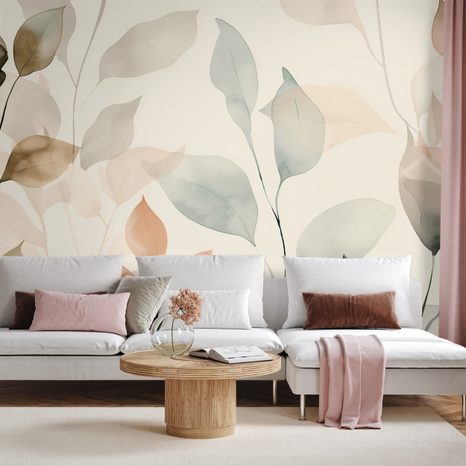FOTOTAPET AUTOADEZIV FRUNZE ACUARELĂ DELICATE ÎN TONURI PASTEL - TAPETE FRUNZE - TAPETURI
