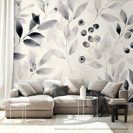 SAMOLEPIACA TAPETA ČIERNOBIELE AKVARELOVÉ LISTY A BOBULE - TAPETY LISTY - TAPETY