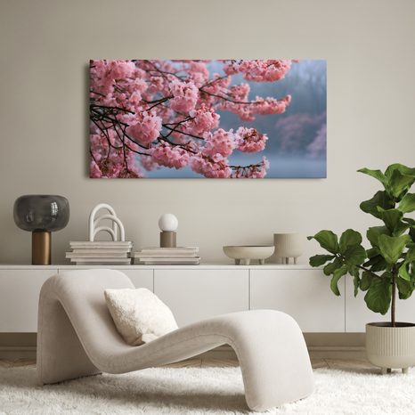 CANVASTAVLA BLOMMANDE KÖRSBÄRSTRÄD ÖVER STILLA VATTEN - BLOMTAVLOR - TAVLOR