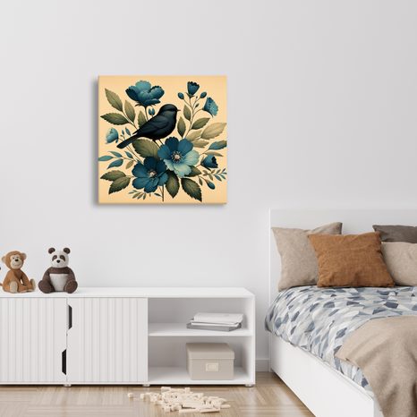 WANDBILD VÖGELCHEN AUF AST MIT BLAUEN BLUMEN - BILDER VON VÖGELN - BILDER