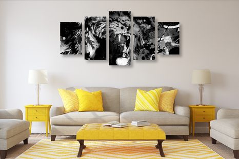 5-DÍLNÝ OBRAZ LVÍ HLAVA V ČERNOBÍLÉM PROVEDENÍ - ČERNOBÍLÉ OBRAZY - OBRAZY