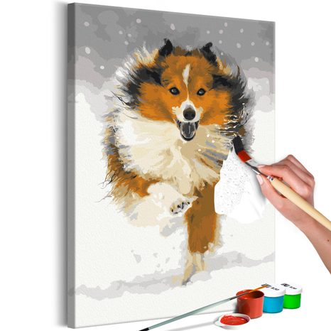 PICTURE PAINTING BY NUMBERS DOG IN WINTER LANDSCAPE