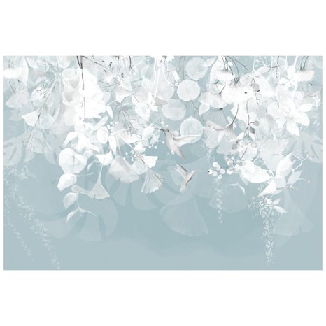 CARTA DA PARATI AUTOADESIVA – FOGLIE CON COLIBRÌ IN BLU-GRIGIO - CARTA DA PARATI AUTOADESIVE - CARTA DA PARATI