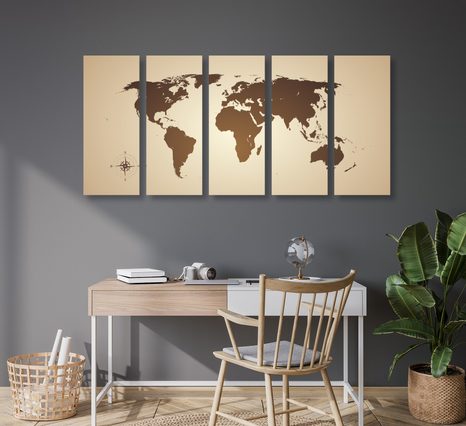 5-RÉSZES KÉP VILÁGTÉRKÉP BARNA SZÍNBEN - TÉRKÉPES KÉPEK - KÉPEK