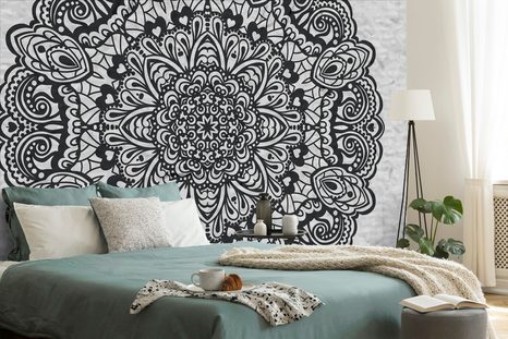 SAMOLEPÍCÍ TAPETA KVĚTINOVÁ MANDALA V ČERNOBÍLÉM - SAMOLEPÍCÍ TAPETY - TAPETY