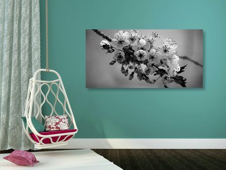 WANDBILD BLÜHENDER KIRSCHBLÜTENZWEIG IN SCHWARZ-WEISS - SCHWARZ-WEISSE BILDER - BILDER
