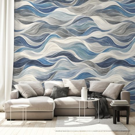 TAPETA MODRÉ VLNY NA ŠEDÉM POZADÍ - VZOROVANÉ TAPETY - TAPETY