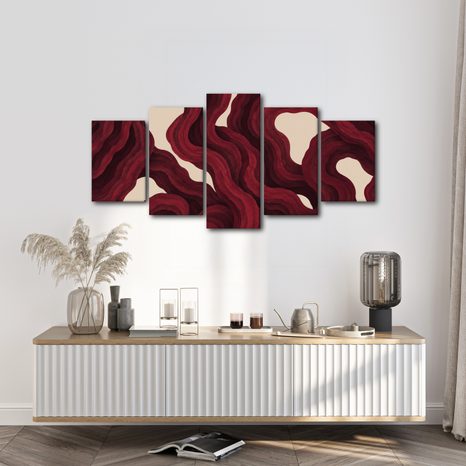5-TEILIGES WANDBILD ABSTRAKTE WELLEN IN BORDEAUXROT - WANDBILDER ABSTRAKTE FORMEN - BILDER
