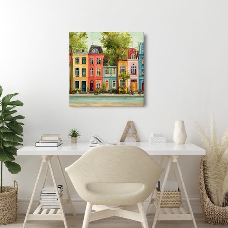 WANDBILD PASTELLFARBENE HÄUSER UND BÄUME - BUNTE HÄUSER - BILDER