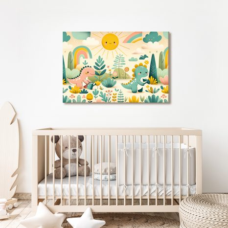WANDBILD SPIELETAG DER KLEINEN DINOS IN DER NATUR - KINDERBILDER TIERE - BILDER