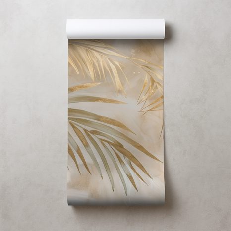 TAPET FRUNZE DE PALMIER AURII PE FUNDAL BEJ - TAPETE FRUNZE - TAPETURI