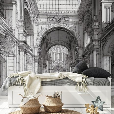 SAMOLEPÍCÍ TAPETA HISTORICKÁ ARCHITEKTURA V ČERNOBÍLÉ KRESBĚ - ČERNOBÍLÉ TAPETY - TAPETY