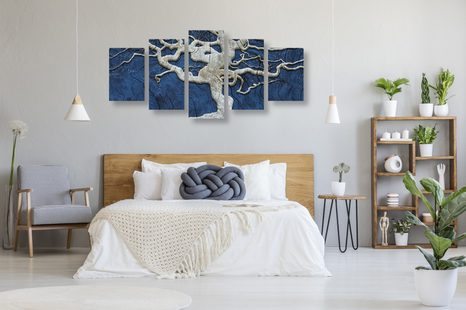 QUADRI 5 PEZZI – ALBERO ASTRATTO SU LEGNO CON CONTRASTO BLU - QUADRI ALBERI DELLA VITA - STAMPE E QUADRI
