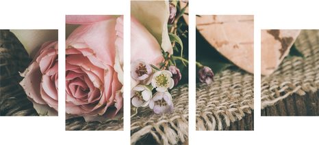 5-DÍLNÝ OBRAZ RŮŽE V JUTĚ - VINTAGE A RETRO OBRAZY - OBRAZY