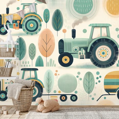 SELBSTKLEBENDE TAPETE KINDERTRAKTOREN IN PASTELLFARBEN - KINDERTAPETEN - TAPETEN
