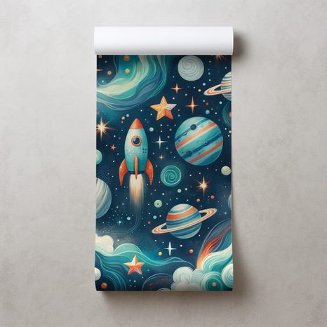 TAPETA BAREVNÝ VESMÍR S RAKETOU - DĚTSKÉ TAPETY - TAPETY