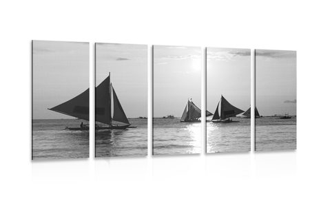 QUADRO IN 5 PARTI TRAMONTO SUL MARE IN BIANCO E NERO - QUADRI BIANCO E NERO - QUADRI