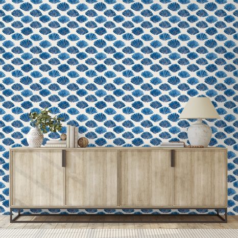 TAPETA MODRÉ MUŠLE NA BÍLÉM POZADÍ - VZOROVANÉ TAPETY - TAPETY