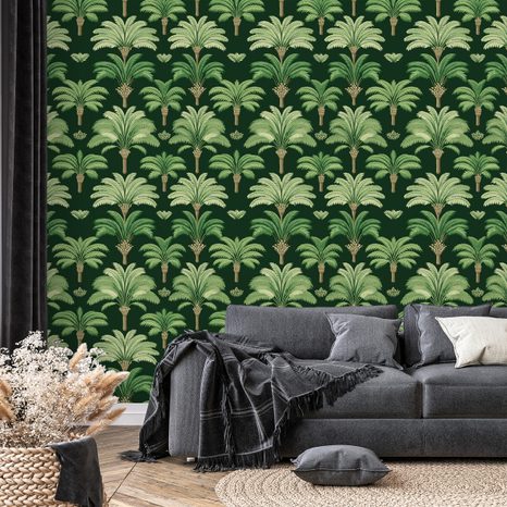 TAPETA ZELENÉ PALMY NA TMAVÉM POZADÍ - VZOROVANÉ TAPETY - TAPETY