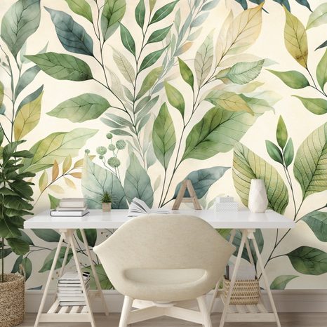 SAMOLEPÍCÍ TAPETA ZELENÉ AKVARELOVÉ LISTY NA BÉŽOVÉM POZADÍ - TAPETY LISTY - TAPETY