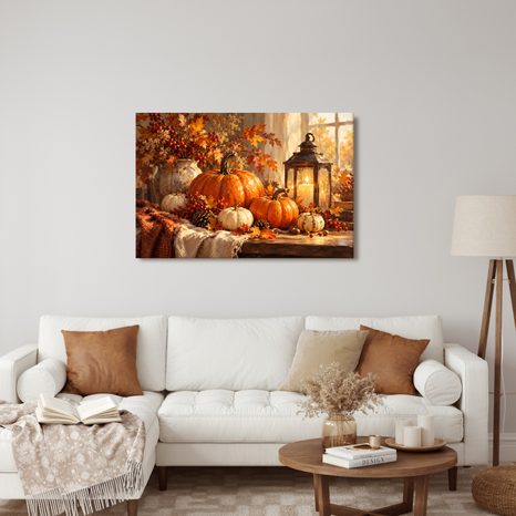 QUADRO SU TELA – ZUCCHE AUTUNNALI E LANTERNA CALDA - QUADRI HALLOWEEN E HORROR - STAMPE E QUADRI