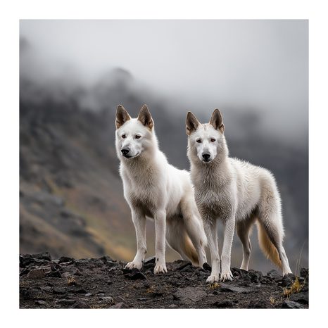 WANDBILD WEISSE WÖLFE AUF FELSEN - BILDER VON HUNDEN - BILDER