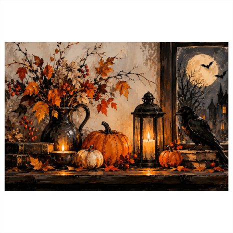 WANDBILD HERBSTLICHES STILLLEBEN MIT RABEN - HALLOWEEN- UND HORROR-BILDER - BILDER
