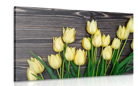 QUADRO DI INCANTEVOLI TULIPANI GIALLI SU UNO SFONDO IN LEGNO - QUADRI DI FIORI - QUADRI