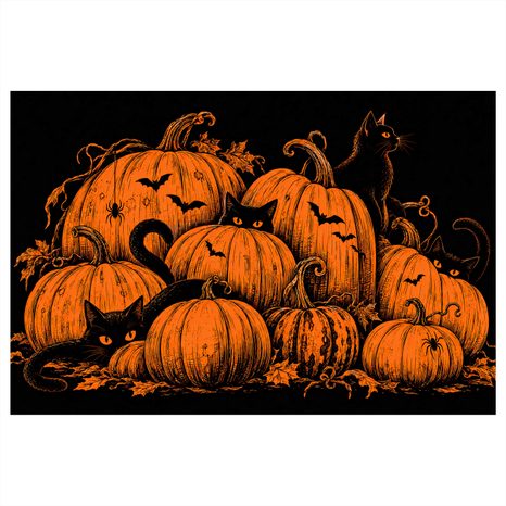 QUADRO SU TELA – ZUCCHE DI HALLOWEEN CON GATTI NERI - QUADRI HALLOWEEN E HORROR - STAMPE E QUADRI