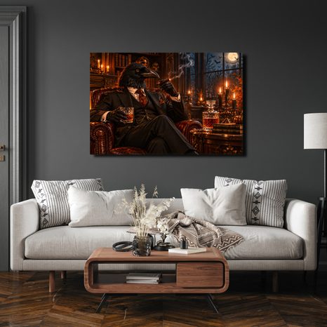 QUADRO SU TELA – GENTILUOMO CORVO CON SIGARO - QUADRI HALLOWEEN E HORROR - STAMPE E QUADRI