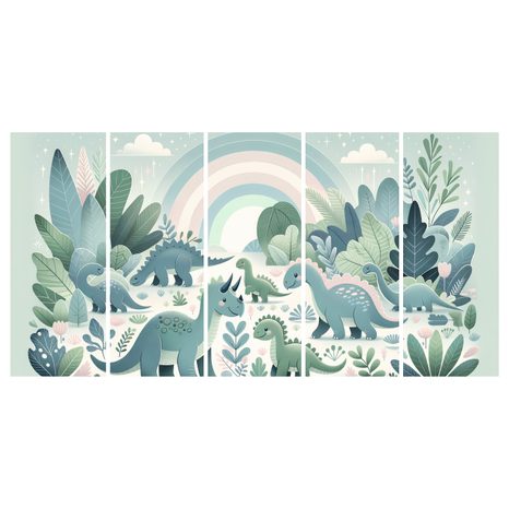 5-DÍLNÝ OBRAZ DINO SVĚT S DUHOU A ZELENOU DŽUNGLÍ - DĚTSKÉ OBRAZY ZVÍŘÁTKA - OBRAZY