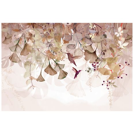 CARTA DA PARATI – FOGLIE CON COLIBRÌ IN MARRONE-ROSA - CARTA DA PARATI LETTERE - CARTA DA PARATI