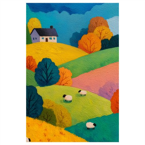 WANDBILD BUNTE HÜGEL MIT HAUS - WANDBILDER FELDER UND WIESEN - BILDER