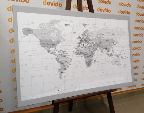 WANDBILD KLASSISCHE SCHWARZ-WEISSE WELTKARTE MIT GRAUEM RAND - WELTKARTEN ALS BILDER - BILDER