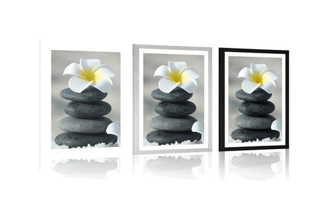 POSTER MIT PASSEPARTOUT HARMONISCHE STEINE UND PLUMERIA-BLÜTE - FENG SHUI - POSTER