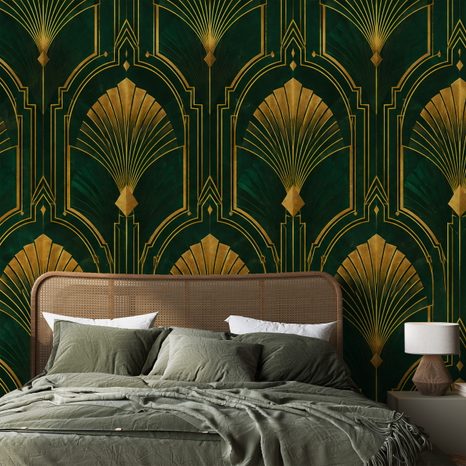 FOTÓTAPÉTA ARANY ART DECO LEGYEZŐK ZÖLD ALAPON - MINTÁS TAPÉTÁK - TAPÉTÁK