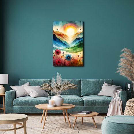 OBRAZ ROZPRÁVKOVÁ KRAJINA S KVETMI A SLNKOM - OBRAZY POLIA A LÚKY - OBRAZY