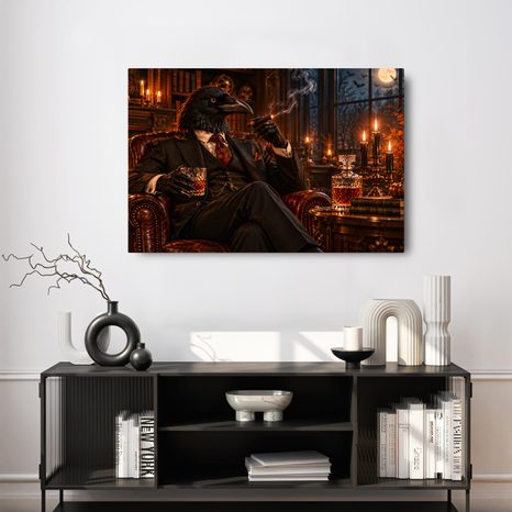 QUADRO SU TELA – GENTILUOMO CORVO CON SIGARO - QUADRI HALLOWEEN E HORROR - STAMPE E QUADRI