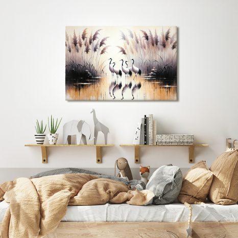 WANDBILD KRANICHE AM SCHILF - BILDER VON VÖGELN - BILDER