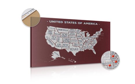 OBRAZ NA KORKU NÁUČNÁ MAPA USA S BORDOVÝM POZADÍM - OBRAZY NA KORKU - OBRAZY