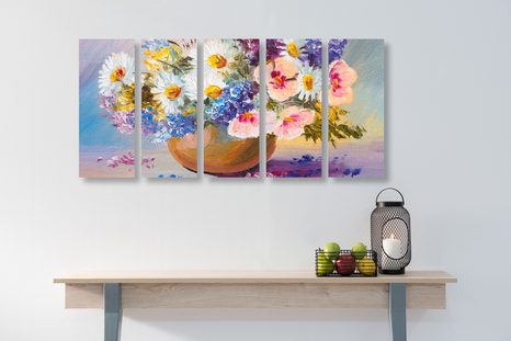 5-TEILIGES WANDBILD ÖLGEMÄLDE SOMMERBLUMEN - BILDER BLUMEN - BILDER