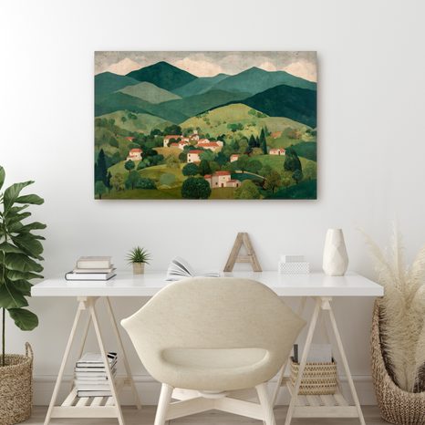 WANDBILD LÄNDLICHE LANDSCHAFT IM TAL - BUNTE HÄUSER - BILDER