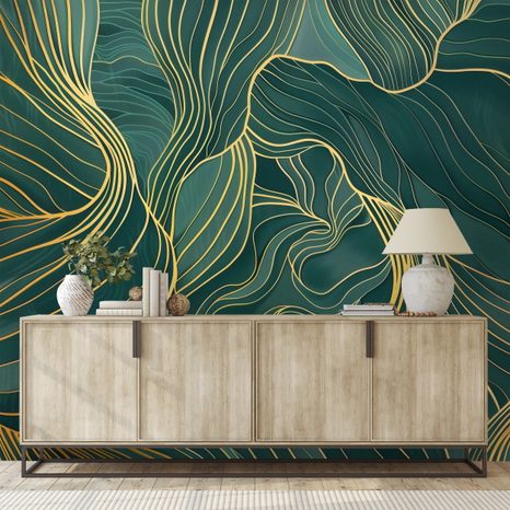 TAPET AUTOADEZIV LINII AURII PE TEXTURĂ SMARALD - TAPET ABSTRACT - TAPETURI