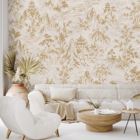 TAPETA BÉŽOVO ZLATÁ ORIENTÁLNÍ KRAJINA S PAGODAMI - TAPETY FENG SHUI - TAPETY