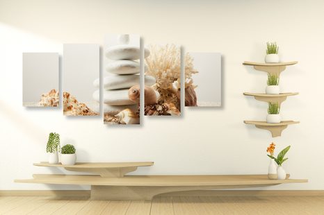 5-TEILIGES WANDBILD ZEN-STEINE MIT MUSCHELN - BILDER MIT FENG SHUI-MOTIVEN - BILDER
