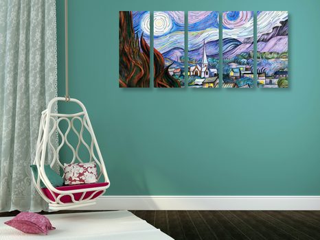 5-DÍLNÝ OBRAZ REPRODUKCE HVĚZDNÁ NOC - VINCENT VAN GOGH - ABSTRAKTNÍ OBRAZY - OBRAZY