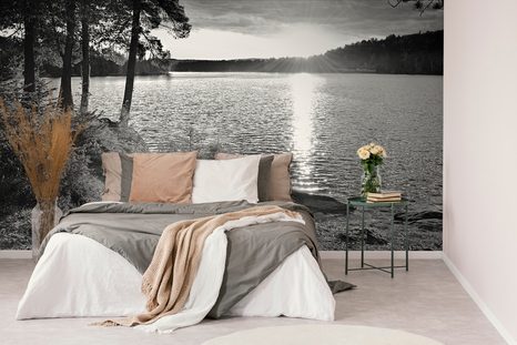 CARTA DA PARATI – TRAMONTO SUL LAGO IN BIANCO E NERO - CARTA DA PARATI BIANCO E NERO - CARTA DA PARATI