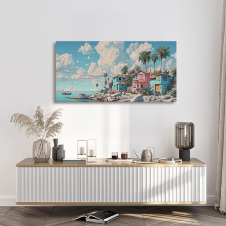 SLIKA TROPSKE KUĆICE UZ MORE - ŠARENE KUĆE - SLIKE